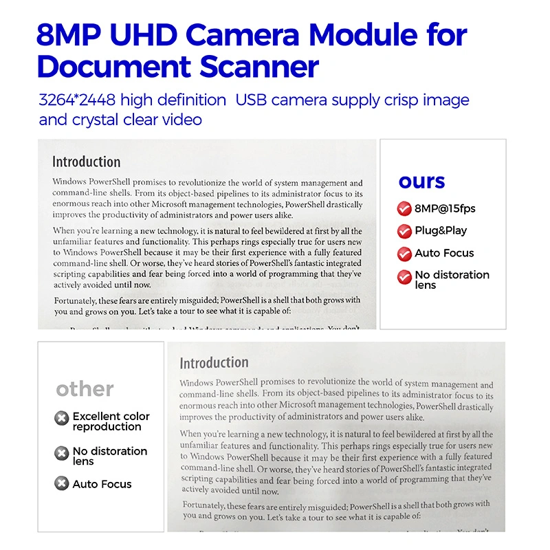 Factory High-End Customized Plug and Play 8m Pixels 3264*2448 Auto Focus No Distortion Lens USB Camera Module for Ocr