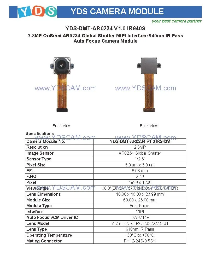 Yds-Dmt-Ar0234 V1.0 IR940s 2.3MP Ar0234 Global Shutter Mipi Interface 940nm IR Pass Global Shutter Auto Focus Camera Module