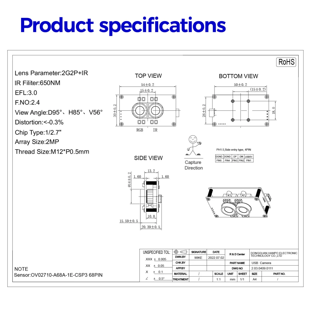 USB2.0 Dual Sensor 95degree Wide Angle 1920*1080P Synchronization Binocular Camera Module for Build-in Solution