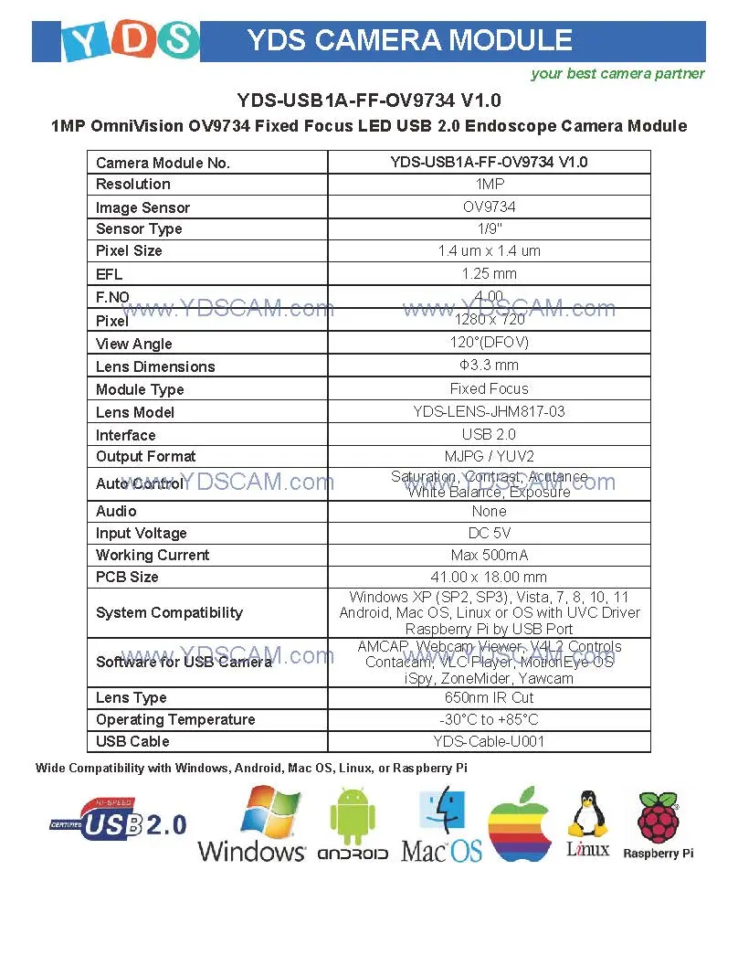 Yds-USB1a-FF-Ov9734 V1.0 1MP Ov9734 Fixed Focus LED USB 2.0 Endoscope Camera Module