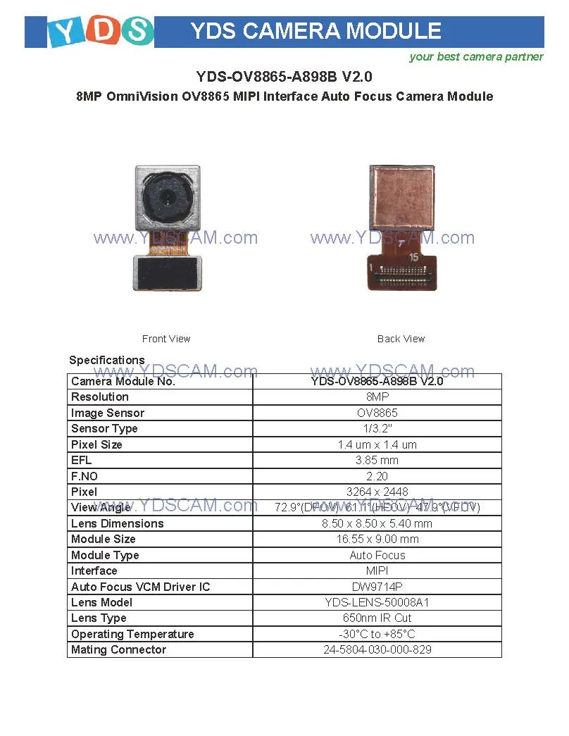 Yds-Ov8865-A898b V2.0 8MP Ov8865 Mipi Interface Auto Focus Camera Module