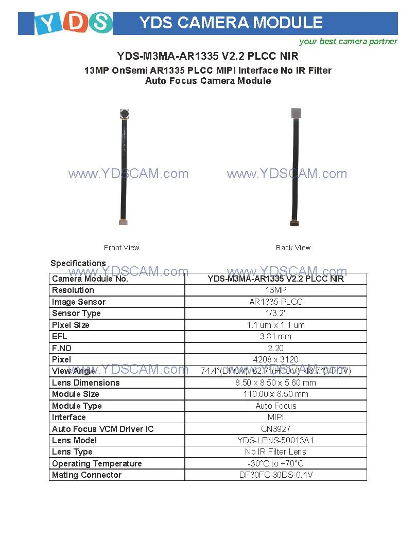 Yds-M3ma-Ar1335 V2.2 Plcc Nir 13MP Ar1335 Plcc Mipi Interface No IR Filter Auto Focus Camera Module