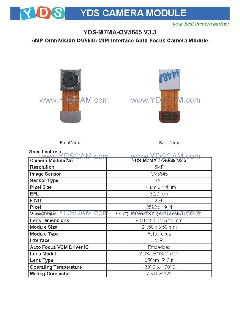 Yds-M7ma-Ov5645 V3.3 5MP Ov5645 Mipi Interface Auto Focus Camera Module