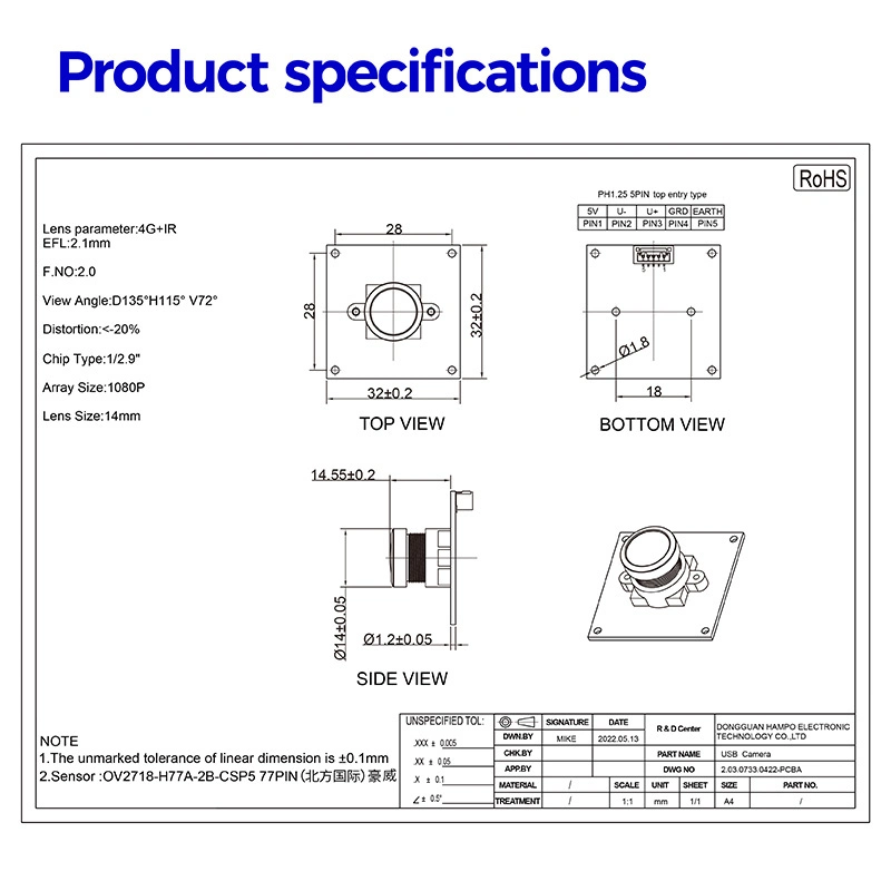 Full HD 1080P 30fps Ov2718 Low Light Wide Angle Fixed Focus USB Camera Module for Smart Home Oven Camera